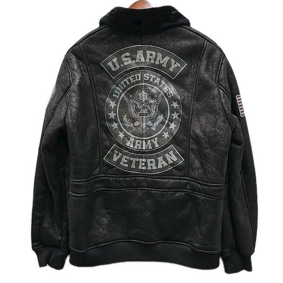 Shein Mens US Army Veteran Faux Fur Lapel Flight Jacket Sz L Black Military - Picture 2 of 11